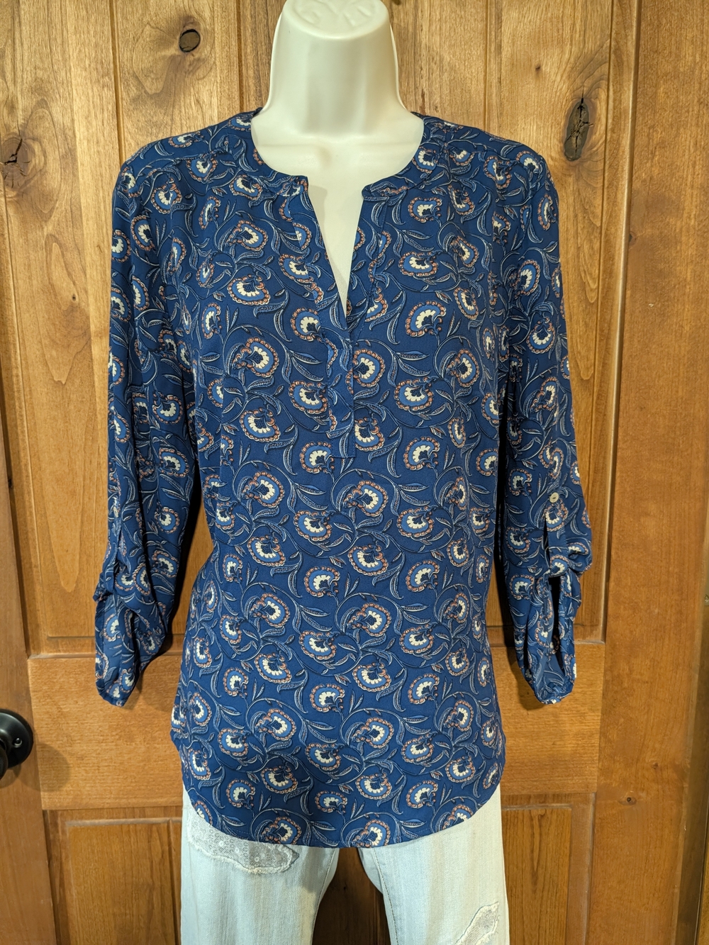 Daniel Rainn Navy Blue Paisley-Print Split V-Neck Blouse